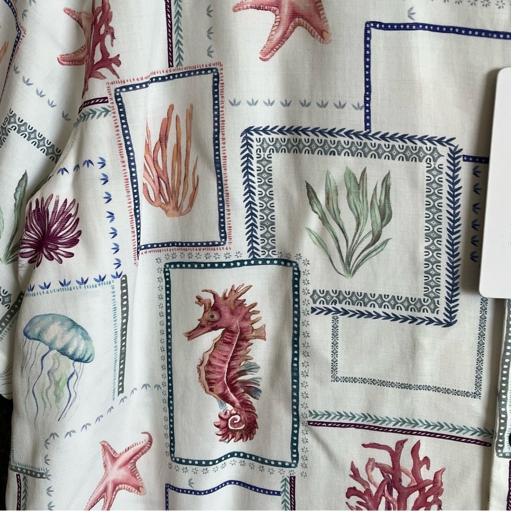 Caribbean Men's Sealife Tile Print Front Button Short Sleeve - Picture 3 of 10
